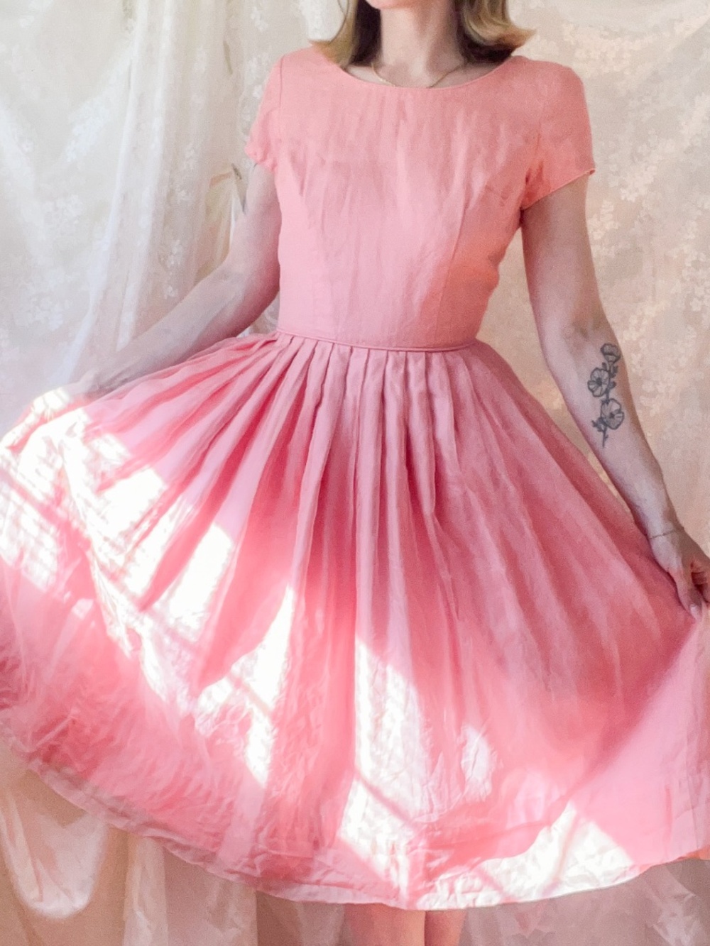 Handmade 1950s Coral Pink Organza Full Skirt Party Dress